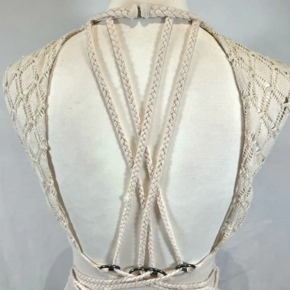 Free People ivory cross rope detail backless asymmetrical midi dress size small - Picture 8 of 12